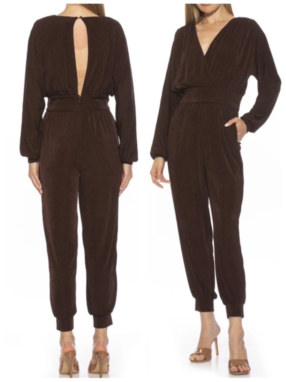 Alexia Admor Joey Surplice Brown Long Sleeve Lounge Shiny Jumpsuit Medium M